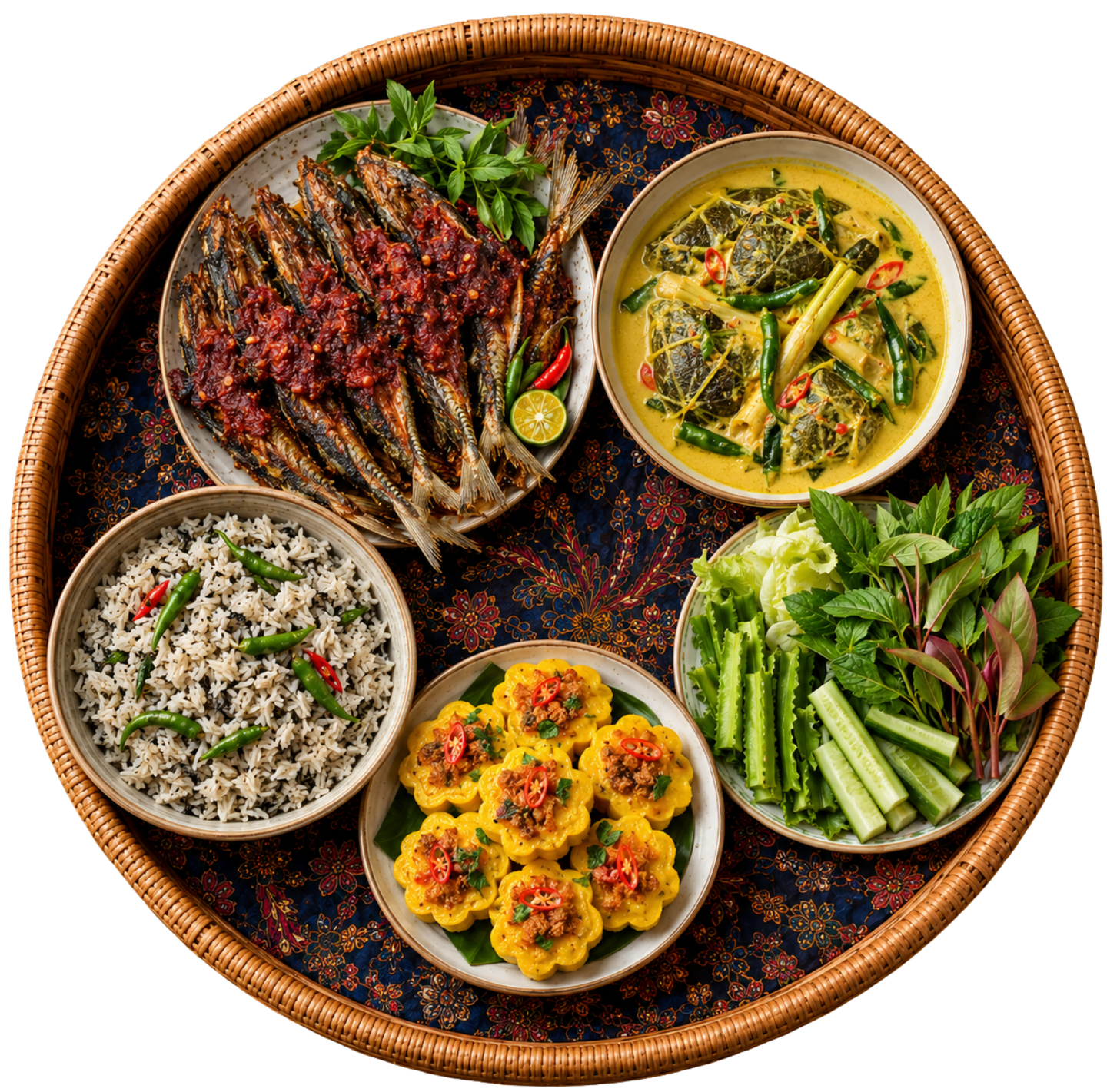 Dulang rotan berisi juadah warisan: ikan bakar bersambal, gulai lemak, nasi lemuni, kuih cara berlauk dan ulam segar